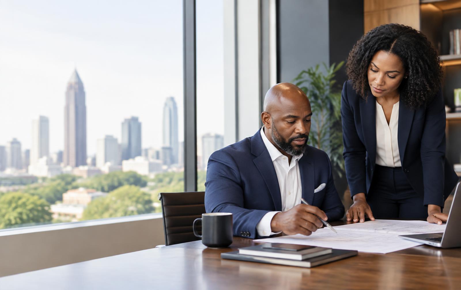 Business owners reviewing transition plans in an Atlanta office